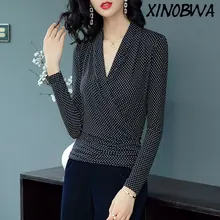 Европа New2018 осень Для женщин высокое уличный стиль свободные сексуальные V образным вырезом длинная футболка в горошек Топы Женский Элегантный Горячие рубашка оверсайз