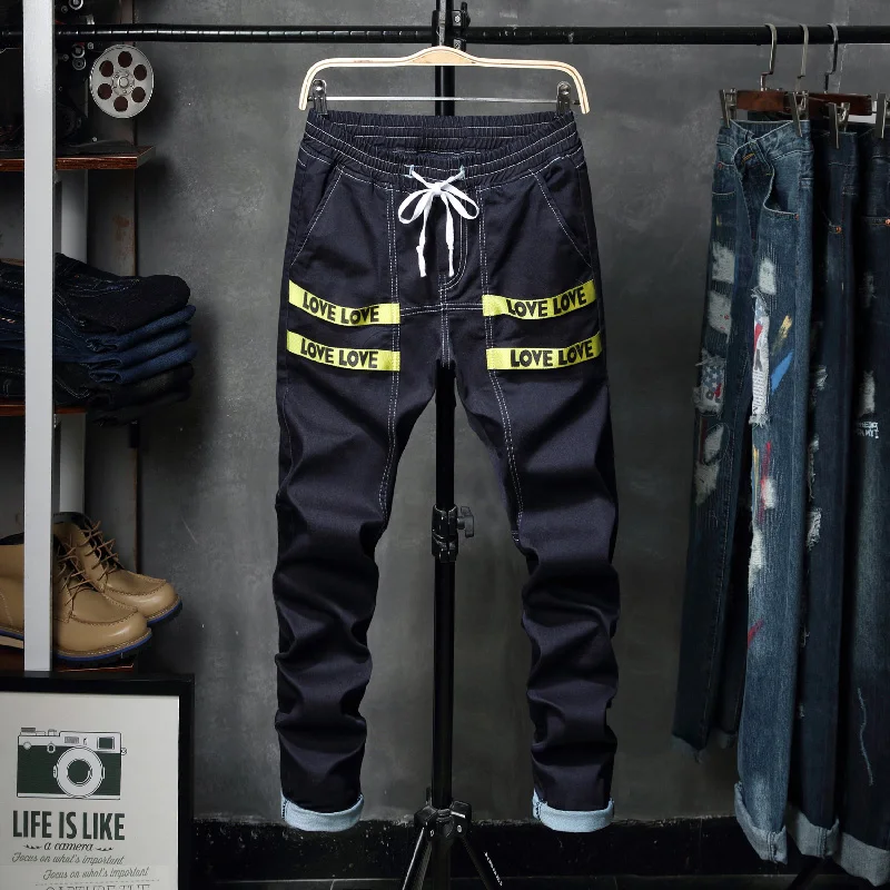 2017 fashion trends solid color patches casual jeans men's little feet pants (28-38) mail | Мужская одежда