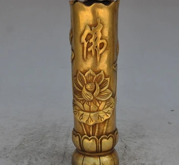 

8" china chinese fengshui brass copper lotus buddha statue brush pot pencil vase
