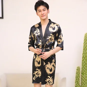 

Chinese Vintage Men's Robe Casual Sleepwear Satin Rayon Nightwear Printed Dragon Bathrobe Kimono Gown Negligee Size L XL XXL