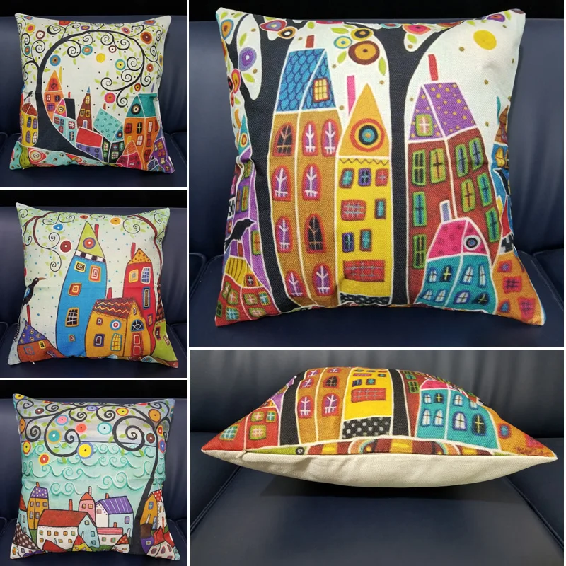 

Nordic Abstract 3D Oil Painting Tree Art Architecture House Linen Cotton Square Cushion Cover For Sofa Car Home Decor Pillowcase