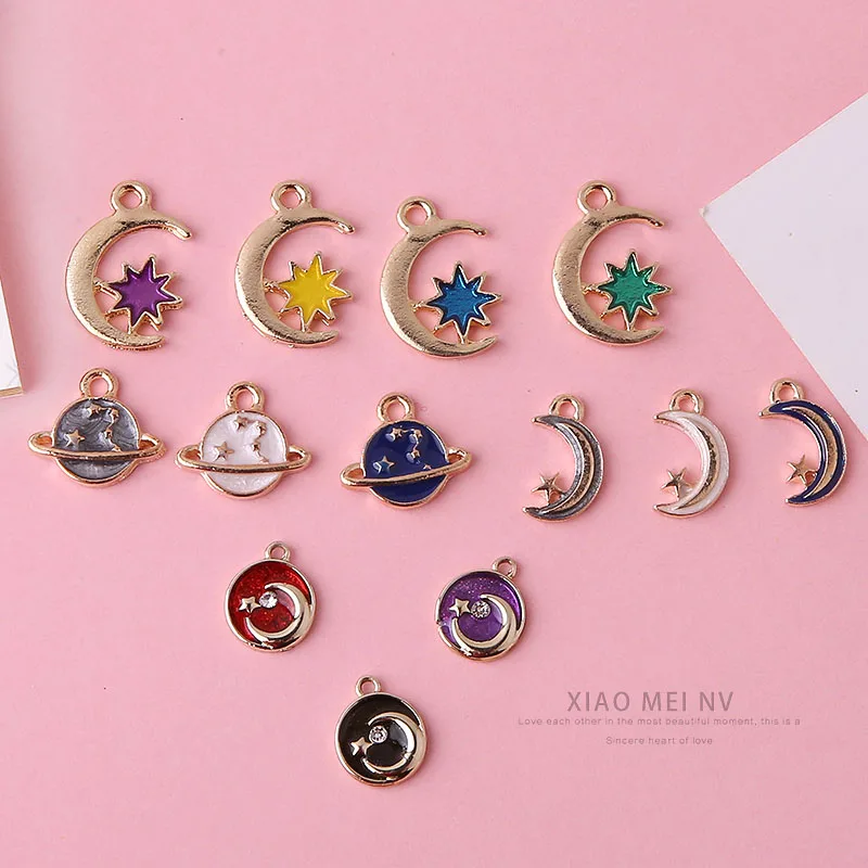 

Wholesale 60pcs/Lot Gold Tone Plated Enamel Alloy Charms Star Moon Saturn Round Earring Charms Ornament Accessories Pendant DIY