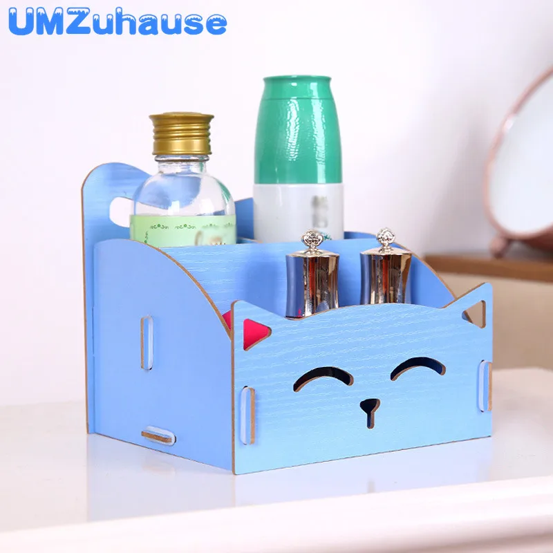 Blue Макияж Косметическая кисть с деревянной ручкой коробки для хранения милый кот котенок мультфильм животное Органайзер DIY чехол для девочки домашний рабочий стол Организации - Цвет: Blue