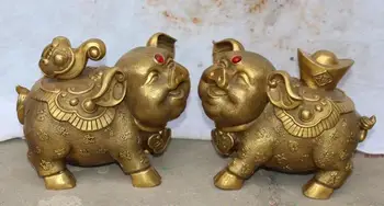 

9"Chinese Bronze Wealth YuanBao RuYi Happy "Fu" Pig Swine Lock Pair Statue