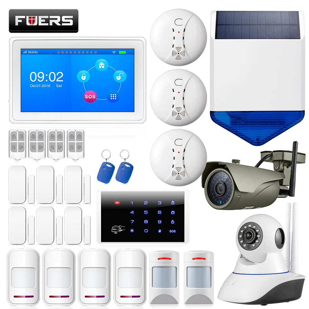 

FUERS K7 7-inch Big Screen WIFI GSM Home Alarm System Touch-screen Color Display Keyboard Solar siren Anti-Pet Motion Sensor Set