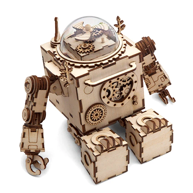 wooden robot music box