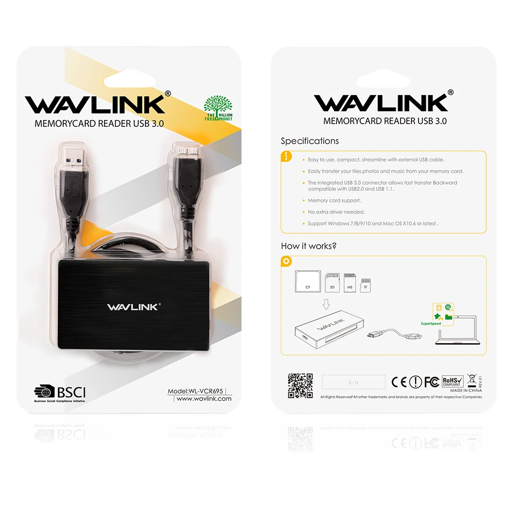 Wavlink все в 1 USB 3 0 SD TF SDXC SDHC MS CF M2 кардридер адаптер высокоскоростной с удлинителем 50