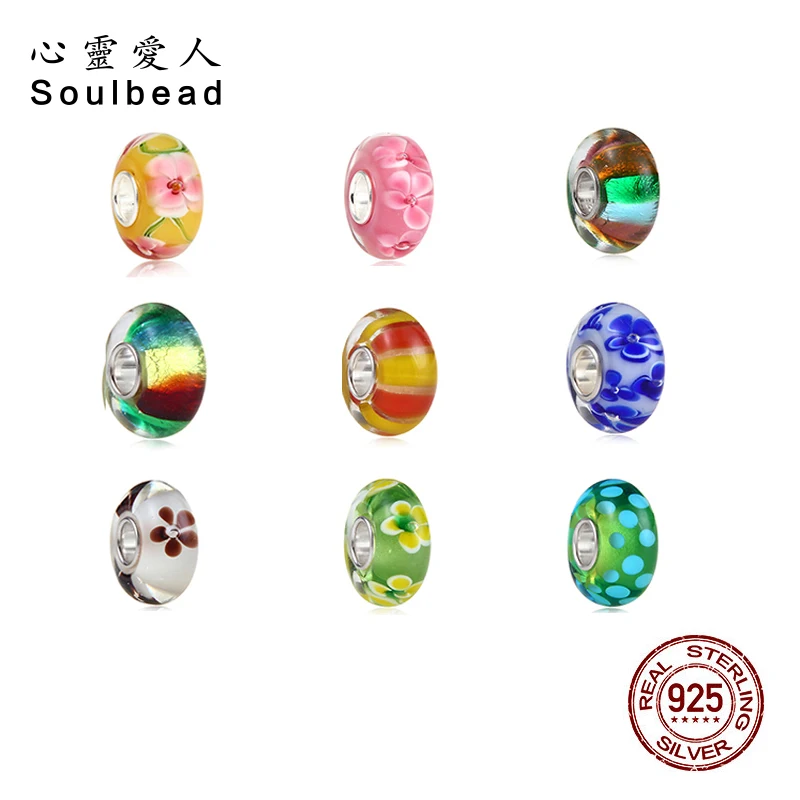 

Soulbead European Glass Beads Top Class Colorful Stripe with 925 Silver Single Core Fit Pandora Bracelet 2018 Flower Series