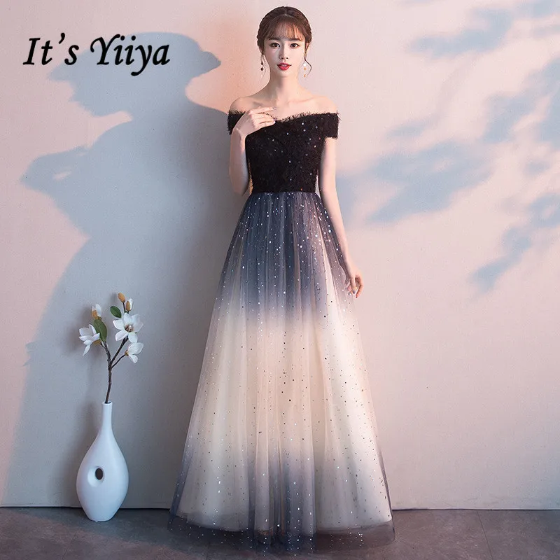

It's YiiYa Evening Dress Starry Sky Gradient Color Shining evening dresses Boat Neck Black Floor length Formal Gown E103