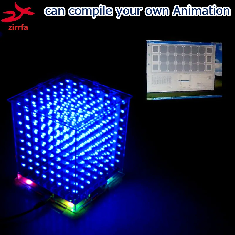 

zirrfa In stock! Gift 3D8S mini Light cubeeds blue with remote 8 8x8x8 LED Music Spectrum,electronic diy kit