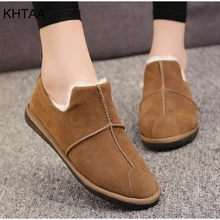 Женские зимние ботинки на плоской платформе; Теплые повседневные женские ботильоны с мехом и плюшем; сезон осень; Новинка года; обувь из флока и хлопка в Корейском стиле