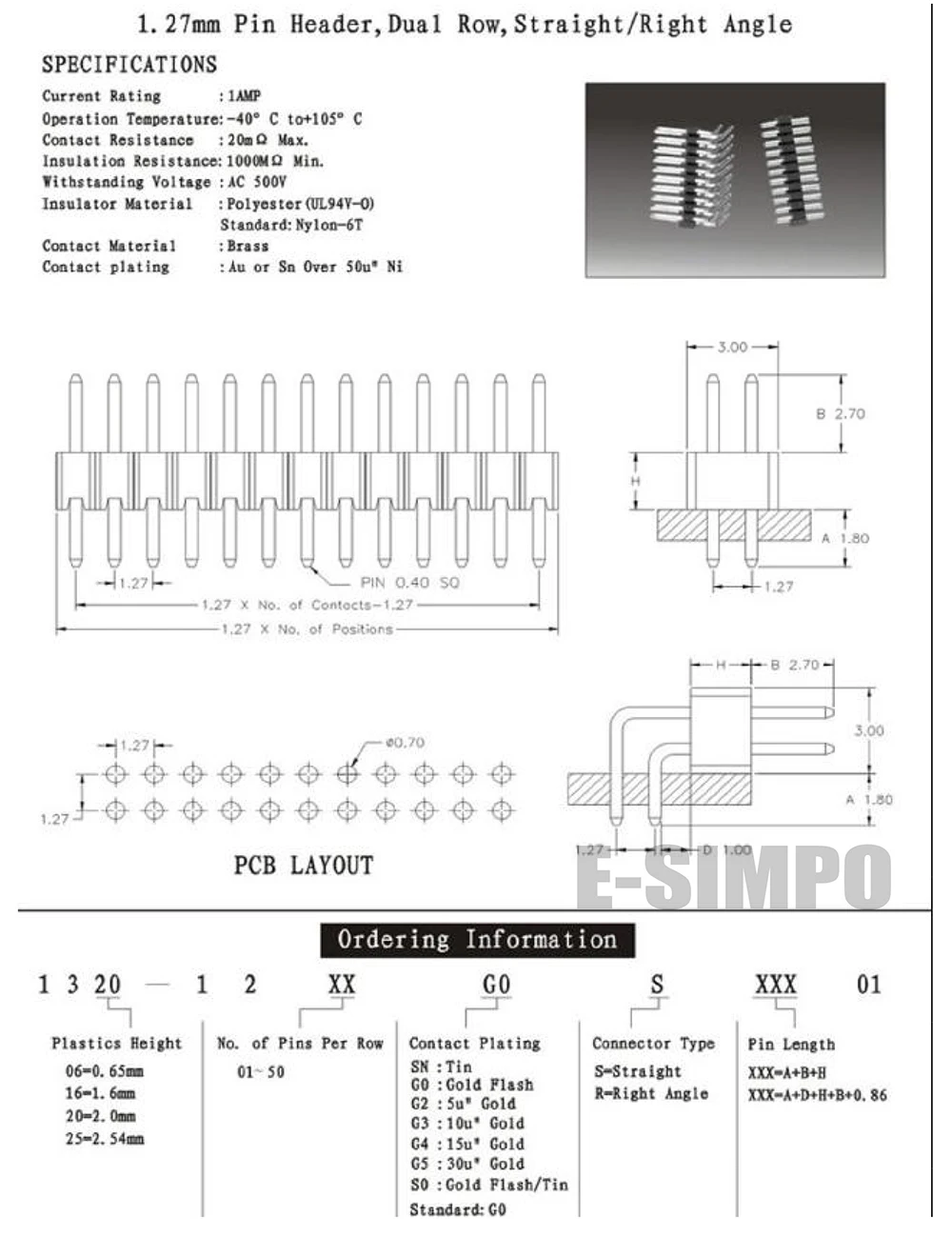 100 шт. штырьковые разъемы 1 27 мм 2x40P 2x50p 0 05 дюйма для печатной платы прямоугольный