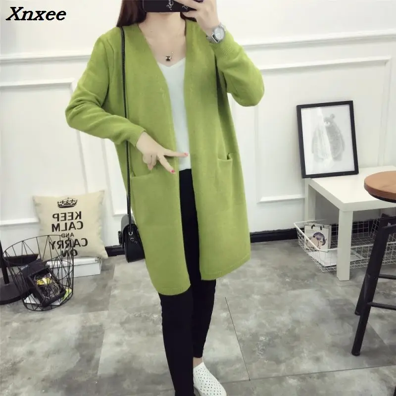 2018 New Style Women Cardigans Autumn Winter Warm V Neck Casual Loose Sweater Knitted Tops with Pocket Xnxee