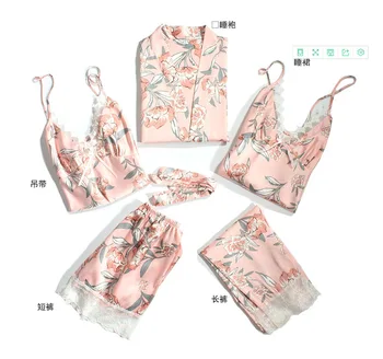 

Sexy Home Wear Pajamas Women 5PC Strap Top Pants Suit Sleepwear Sets Spring Summer Nightwear Kimono Bath Robe Gown Bathrobe M-XL