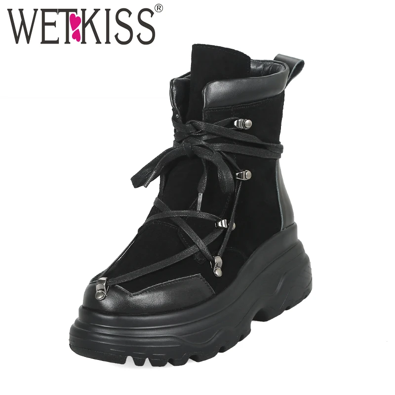

WETKISS Cow Suede Ankle Women Boots Round Toe Cross Tied Footwear Motorcycle Ladies Boot Platform Girl Shoes Woman Winter 2018