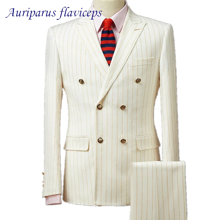 

Auriparus flaviceps Mens Gold Striped Tweed Suits Double Breasted Wedding Groom Custom Made Man Suit White Striped Groom Tuxedos