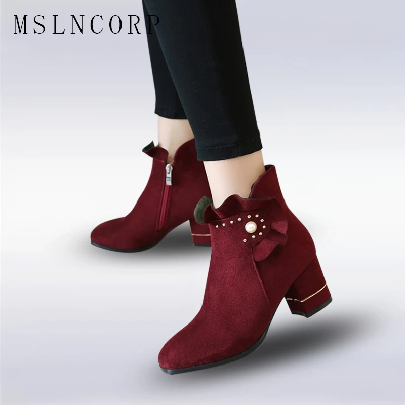 

Plus Size 34-43 Square High Heels Women Boots Scrub PU Ankle Boots Short Plush Round Toe Black Western Style Zipper Ladies Boots