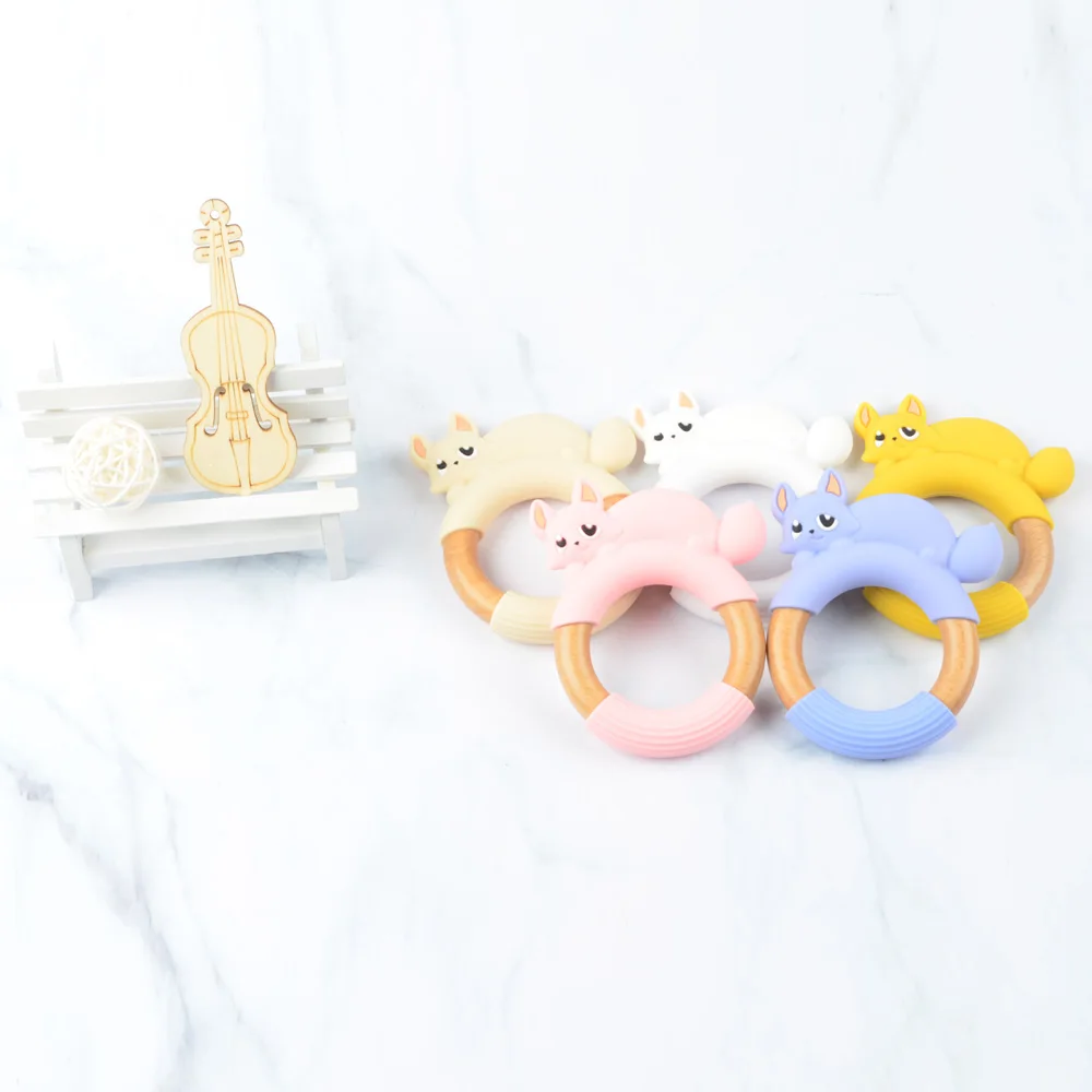 Silicone Fox Panda Teether Wooden Ring BPA Free Nursing Accessories Chewable Wooden Baby Teethers Natural Safe Necklace Bracelet