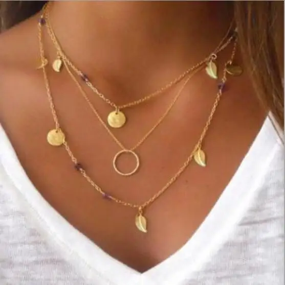 

Europe Foreign Trade New Jewelry Crystal Bead Leaf Round Multilayer Combination Necklace Item Sweater Chain