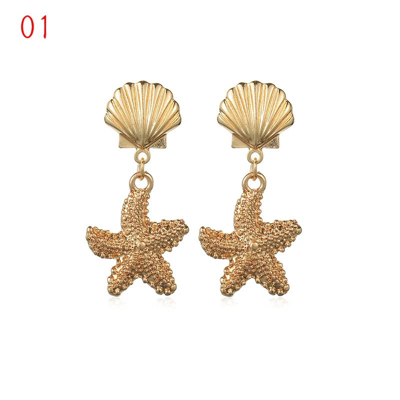 1Pair Summer Retro Fashion Shell Earrings Women Gold Color Geometric Irregular Starfish Conch Statement Jewelry Accessories