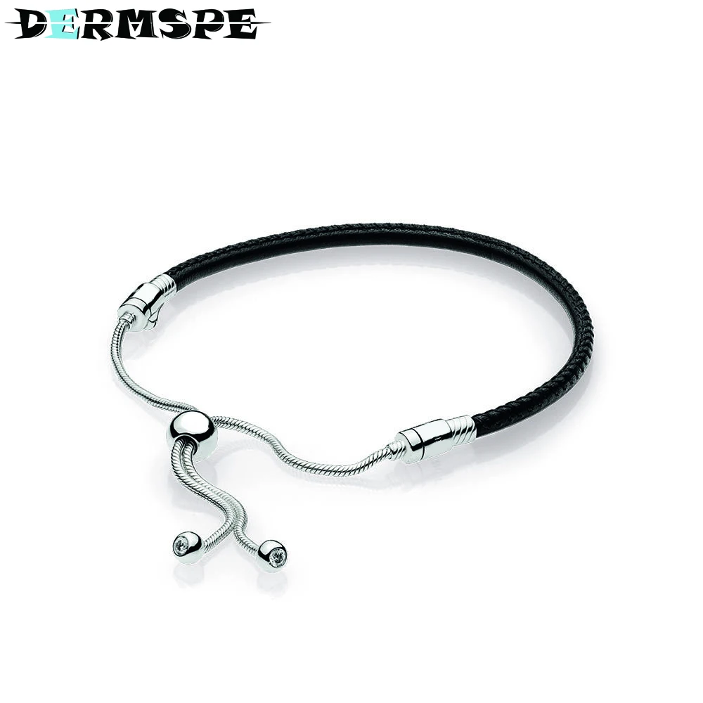 

DERMSPE s925 Sterling Silver Sliding Black Leather Bracelet Diy Original Charms Jewelry Women Summer Fashion Design 597225CBK