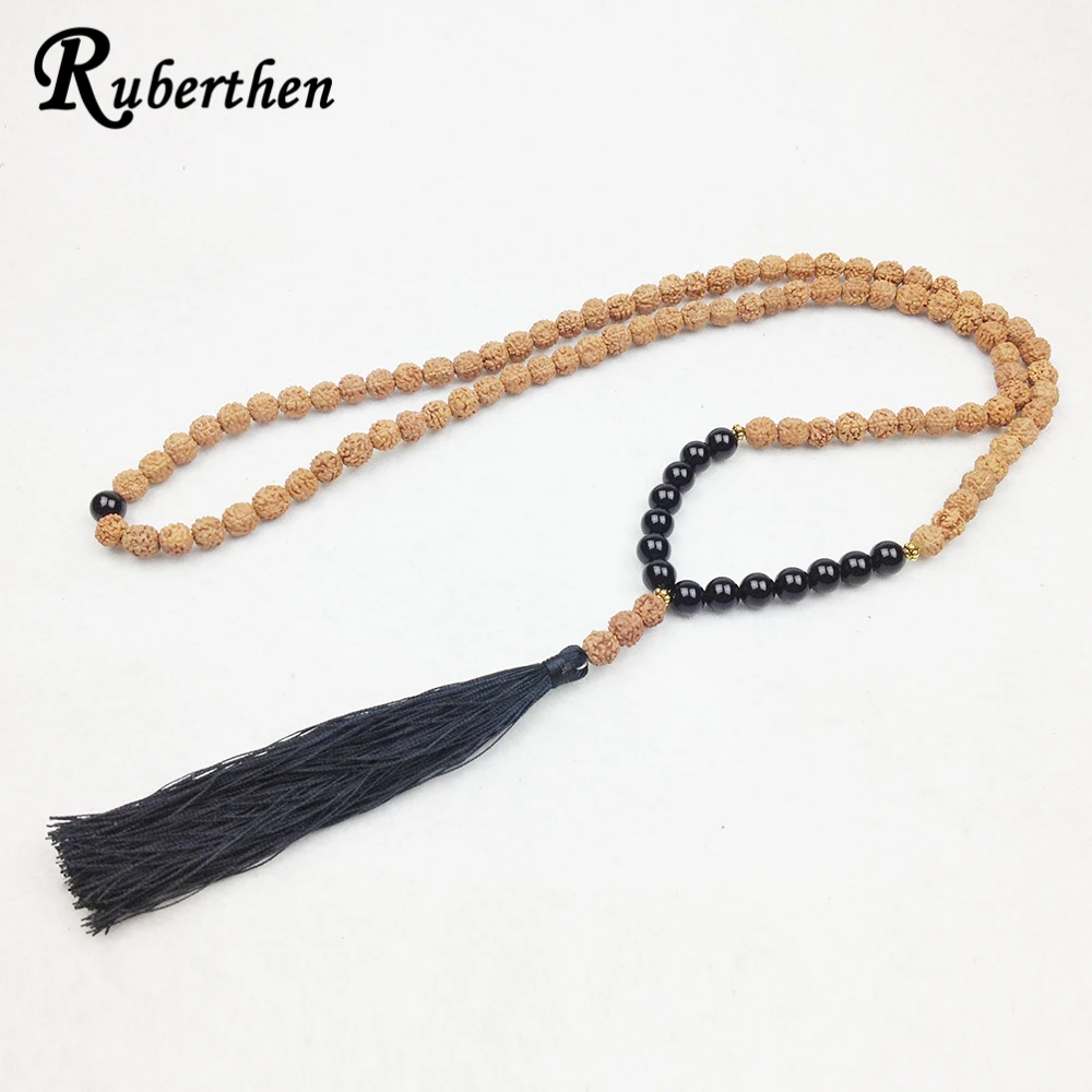 

Ruberthen New Design Trendy 108 Mala Beads Tassel Yoga Necklaces Black Onyx And Rudraksha Prayer Beads Necklace Trendy Jewelry