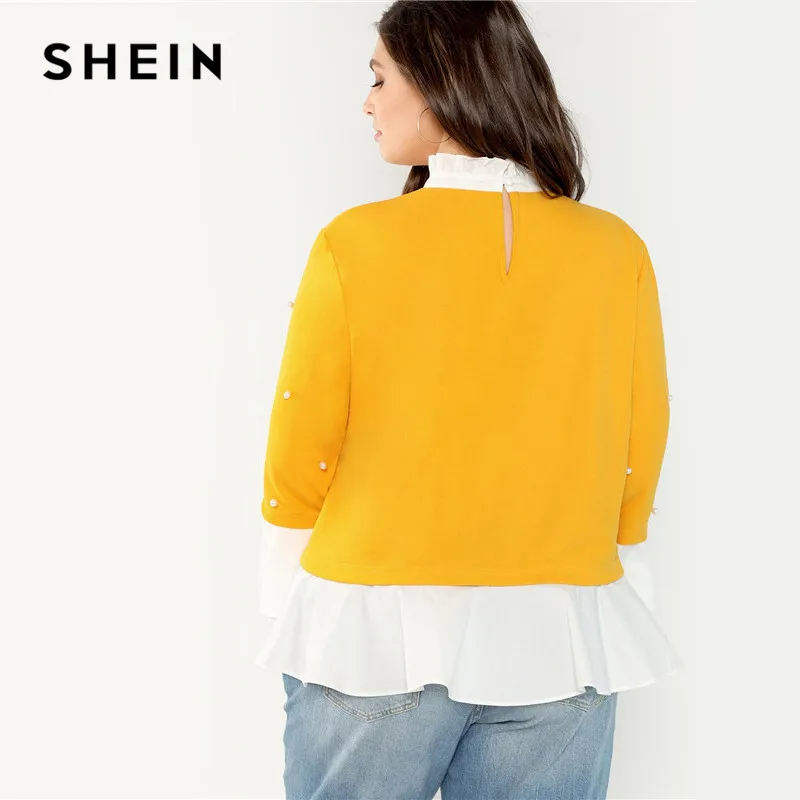 SHEIN Плюс Размеры Отделкой Оборкаой Блузка С Бисерами Элегантный Топ С Воланами С Жемчугом На Пуговицах