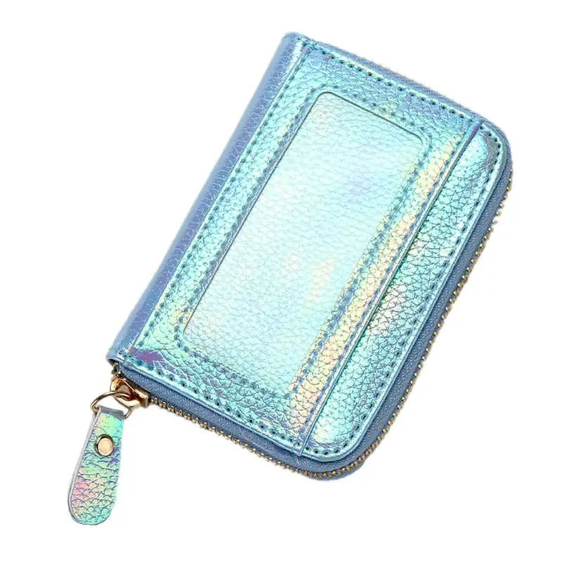 Women Hologram PU Leather Credit Card Holder Purse with RFID Protector Small Zip Around Wallet - Цвет: BL