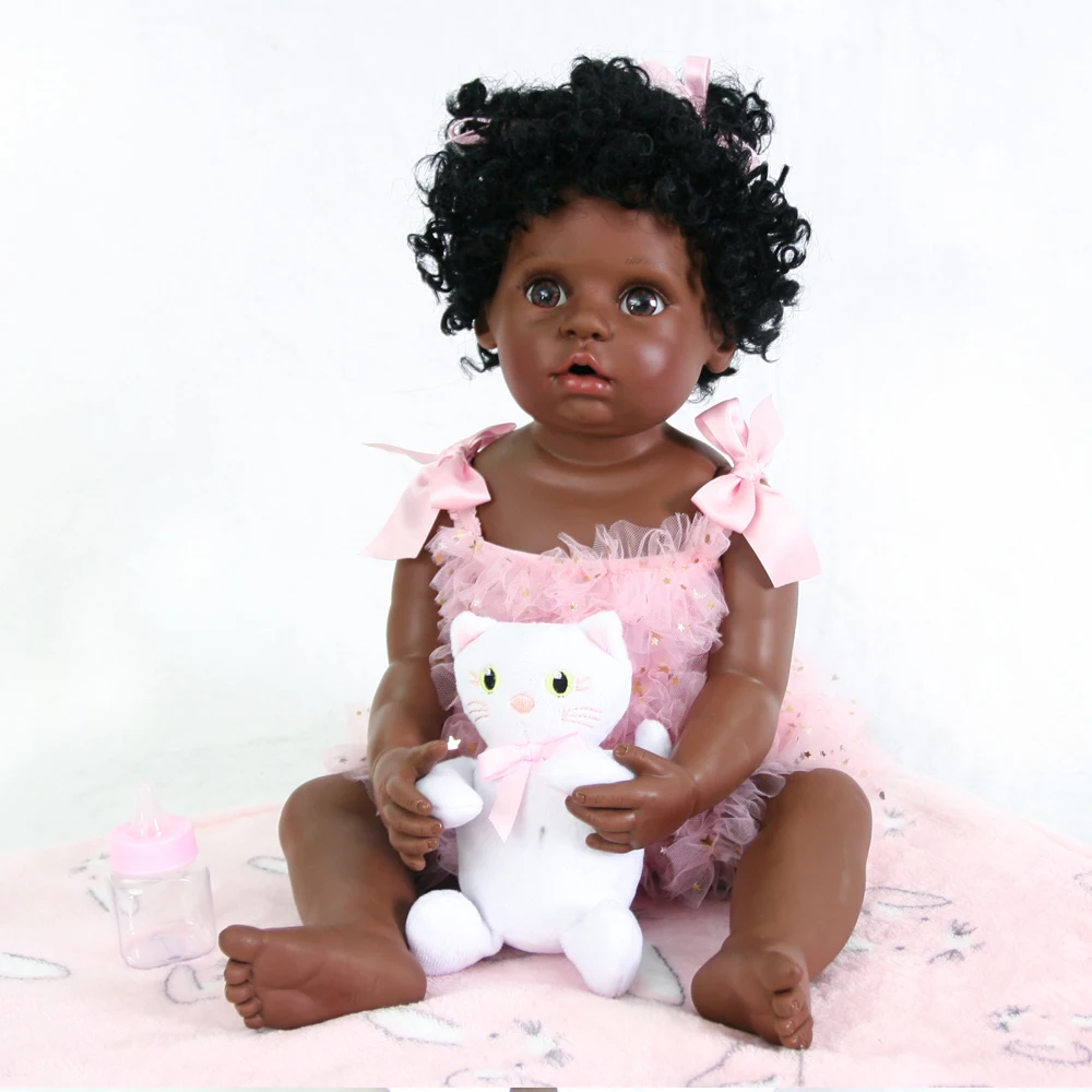 

56cm FULL SILICONE Black skin Reborn Babies Dolls Toy Like Real Vinyl Princess Girl Christmas Gifts Alive Baby Girls Brinqued