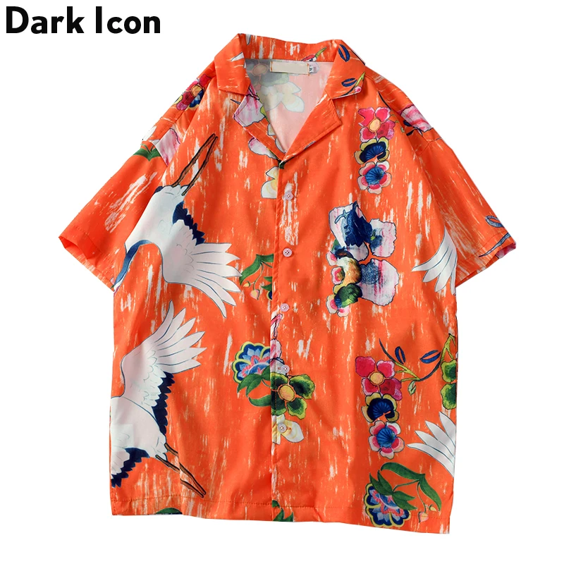 Темный логотип кран печатных пляжный отдых мужские рубашки лето Гавайи стильная футболка с короткими рукавами рубашки мужские рубашки в