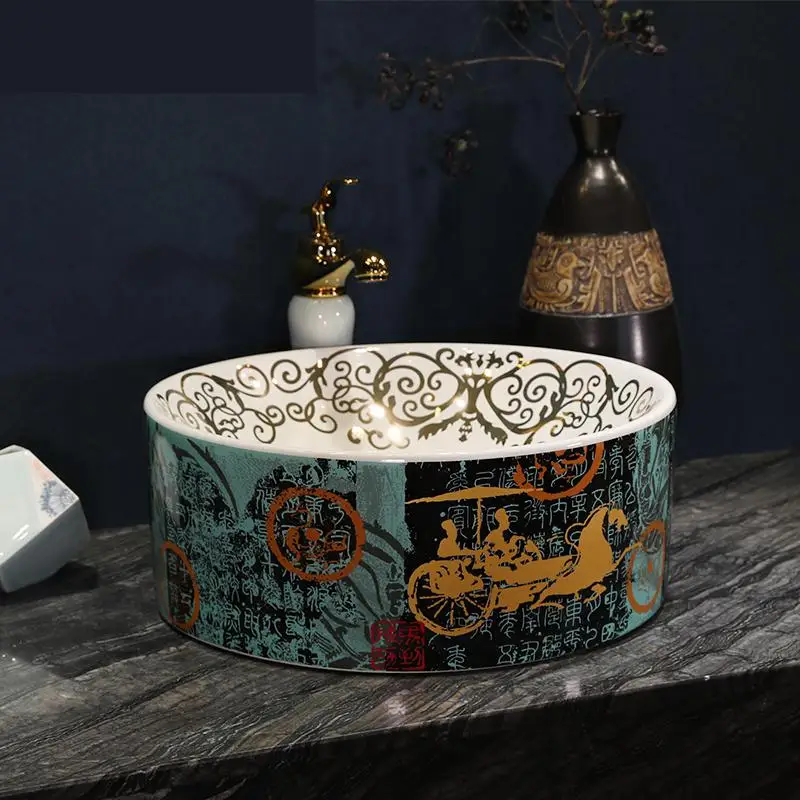 

China Artistic Europe Style Counter Top porcelain wash basin bathroom sinks ceramic art bathroom wash basin horse pattern round