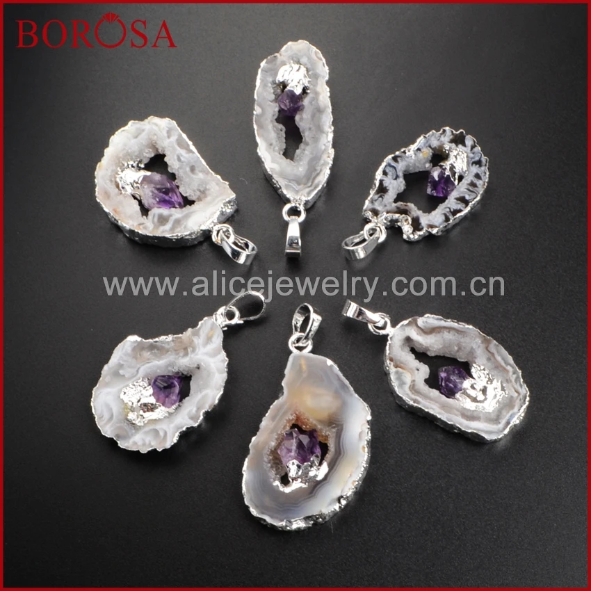 

BOROSA Silver Color Freeform Natural Onyx Drusy Crystal Druzy Slice Pendant Inlay Natural Purple Crystal WX008