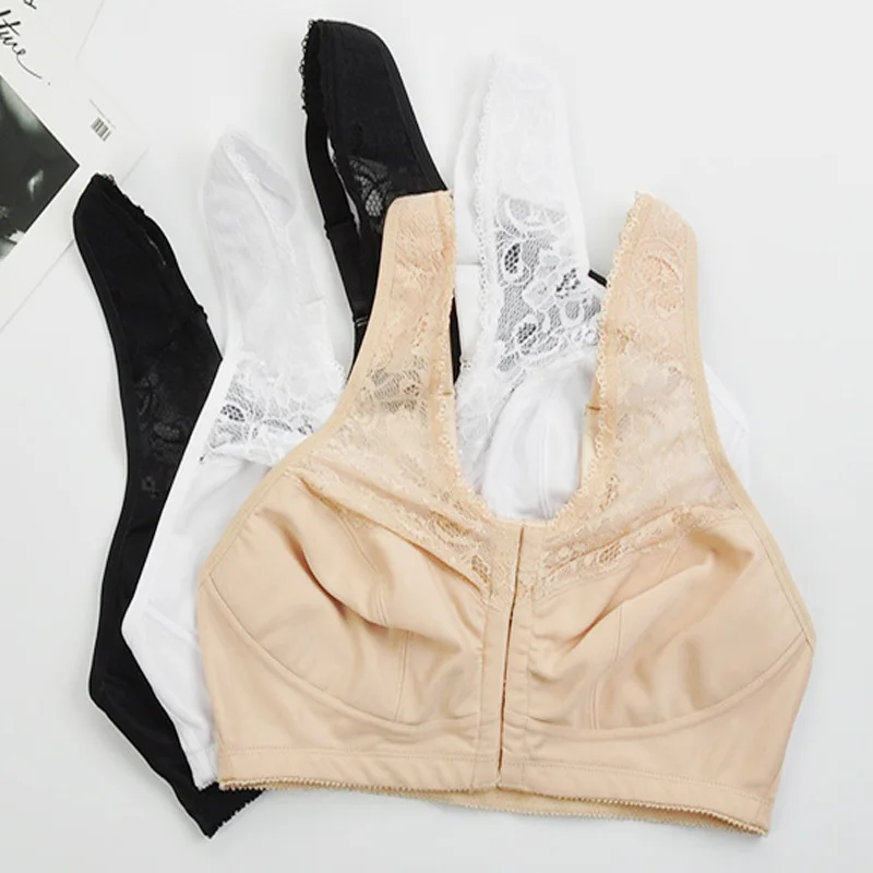 Women's Front Buckle Sports Bras Breathable Solid Color Floral Lace Camisole Strap Bra Plus Size Wirefree Workout Fitness Bras6