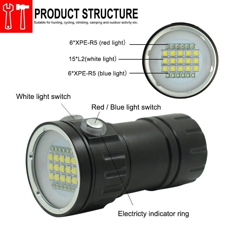 Профессиональный 25000LM подводный Дайвинг вспышки светильник 15x L2 белый+ 6xred+ 6xBlue светильник погружения фонарь видео Лампа для фотосъемки