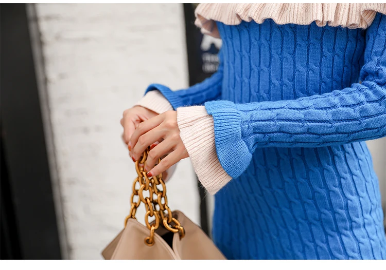 Модное Элегантное Длинное вязанное платье-свитер с высоким воротом, зимнее женское вязанное облегающее платье с оборками в стиле пэчворк, плотный пуловер