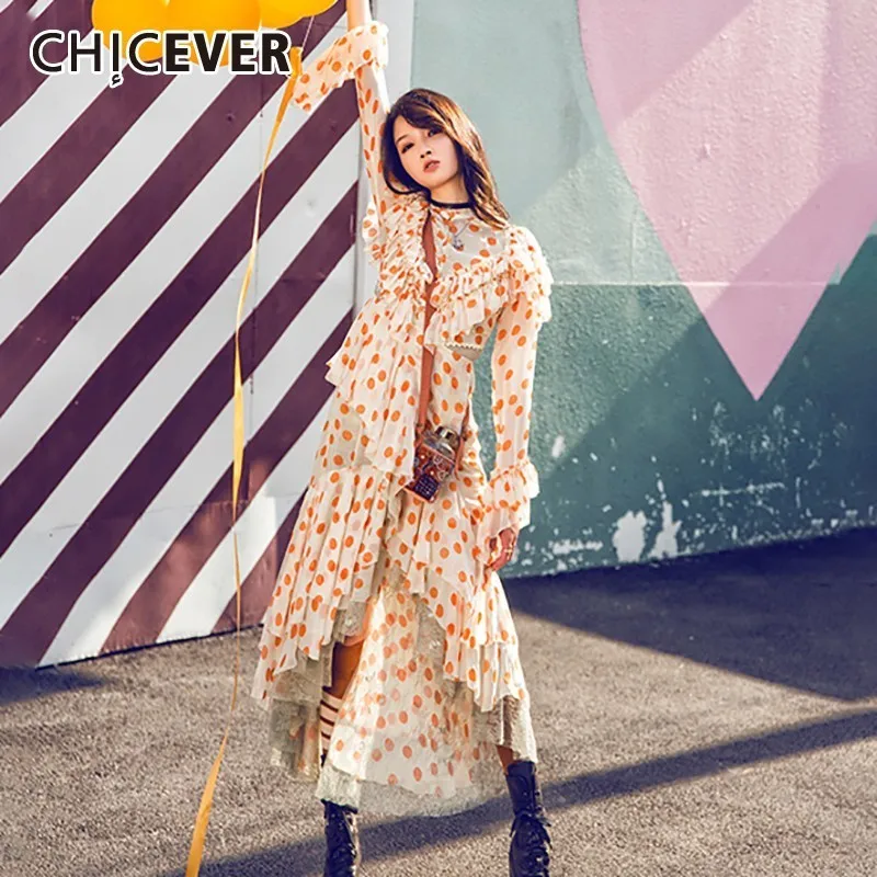 

CHICEVER Summer Elegant Dot Print Ruffles Chiffon Dress For Women Stand Collar Butterfly Sleeve High Waist Asymmetrical Dresses