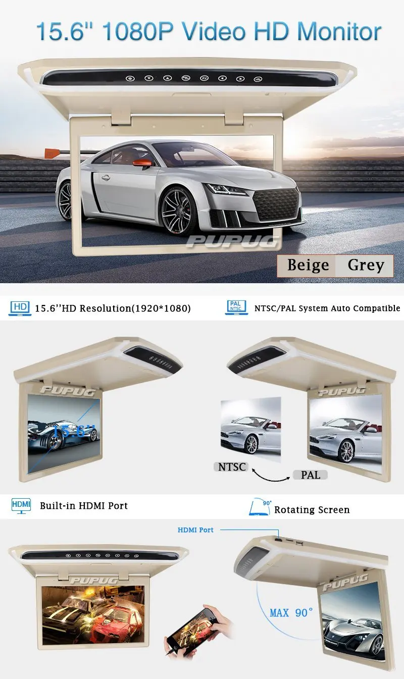 Discount 15.6" Overhead Car Video Player Roof Mount Monitor with HDMI 1920 x 1080 Wide View Screen Support 1080P Fire TV Stick FM SD/USB 1