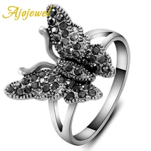 Ajojewel Women’s Retro Black Crystal Rhinestone Flying Butterfly Ring White Gold Brand Costume Jewelry