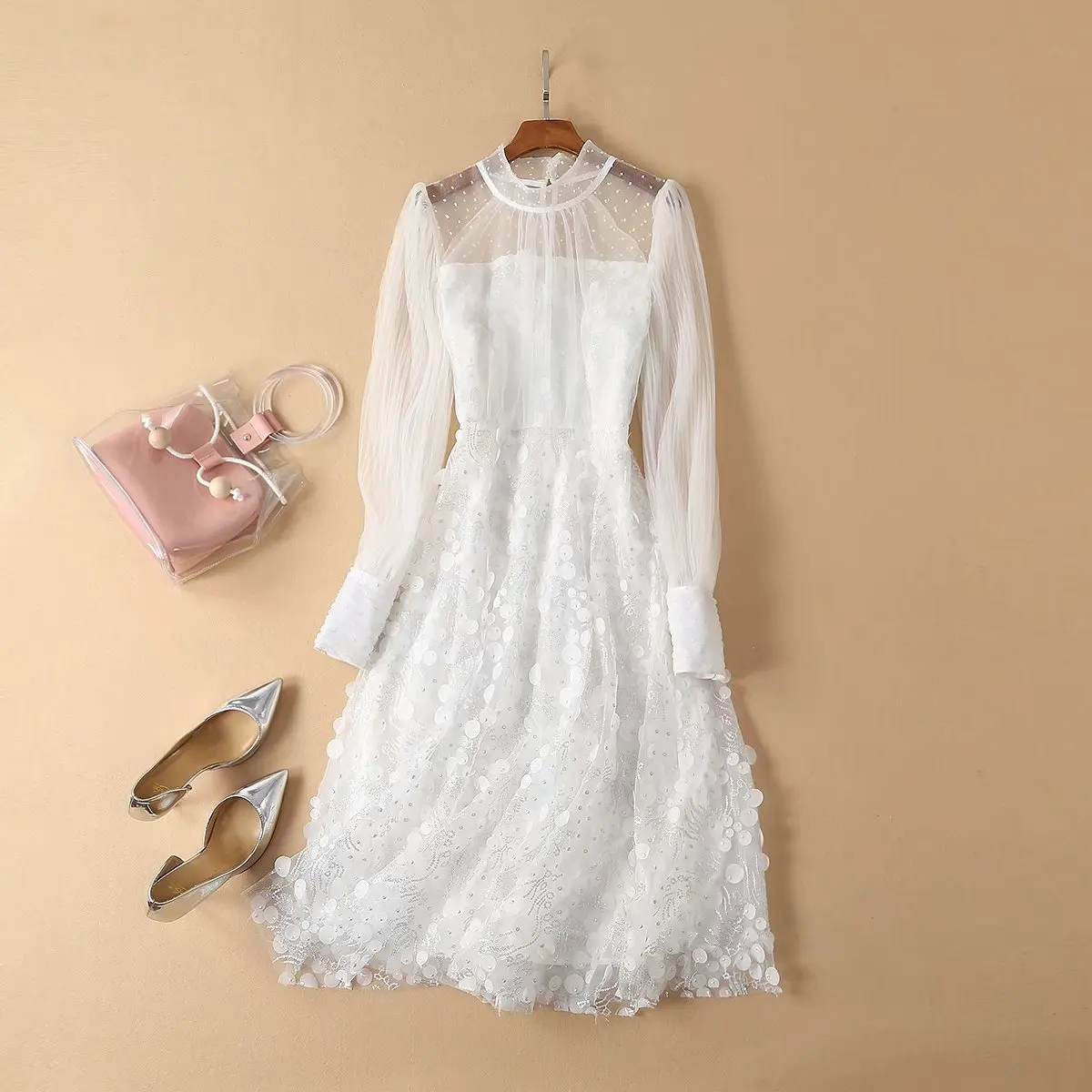 LD LINDA Делла, Осеннее модное подиумное элегантное платье, женское платье с длинным рукавом, с блестками, с вышивкой, миди, розовые сетчатые вечерние платья - Цвет: Белый