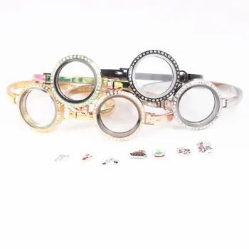 

10Pcs/lot (Silver Gold Rose Gold Black Rainbow Color) 30mm Rhinestones Stainless Steel Floating Locket Bangle Bracelet Jewelry