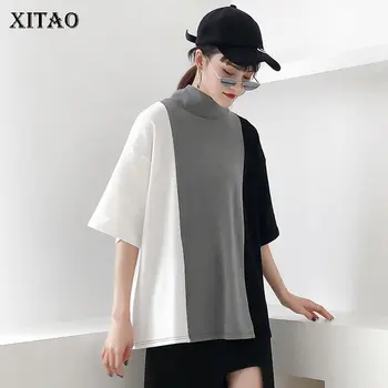 

XITAO Hit Color Slim Wild Joker T Shirt Women Clothes 2019 Turtleneck Patchwork New Korea Fashion Casual Small Fresh DLL2866