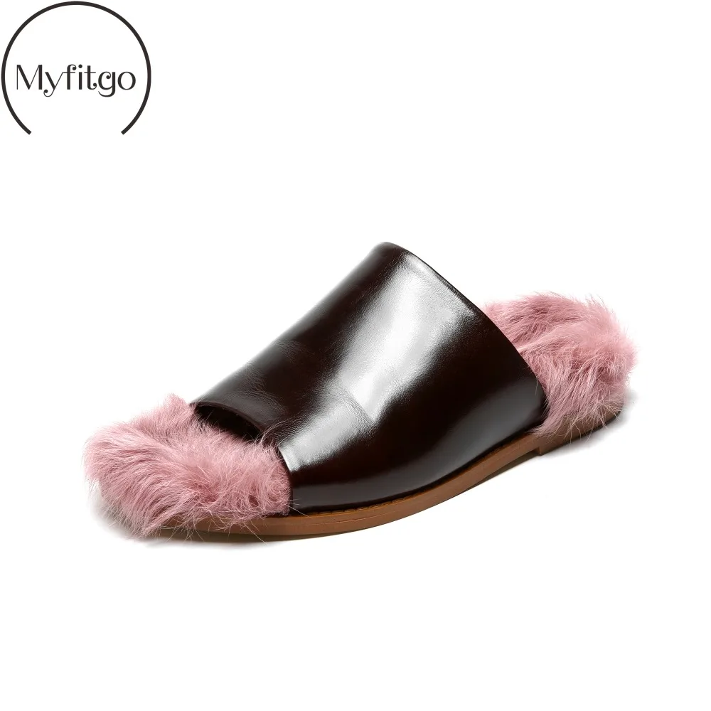 

Myfitgo Flat Mules Women Winter Slippers Outside Furry Slippers Soft Sheep Shearling Female Sandals Slip on Slides Mules Fashion