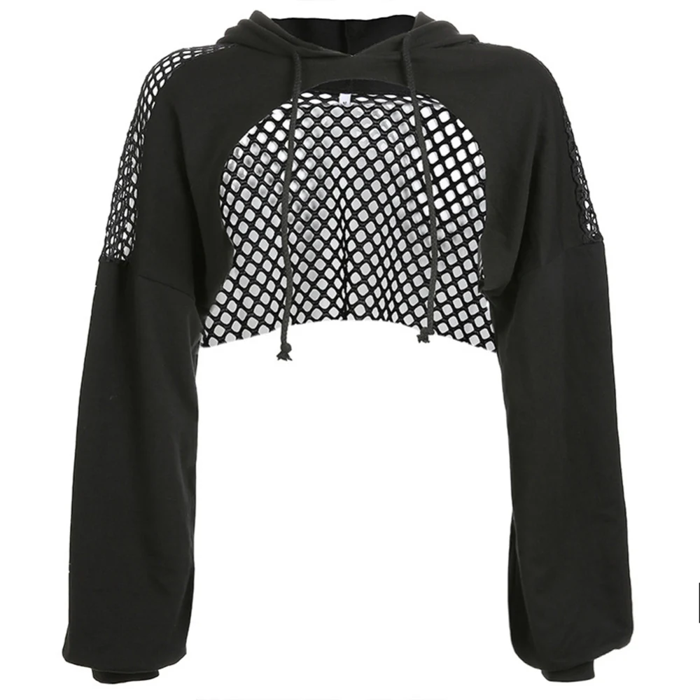 

2019 new summer Women Mesh Long Sleeve Stitching Hooded T-Shirt Crop Top Ladies Short Hoodie Breathable Tops Elastic Fabric