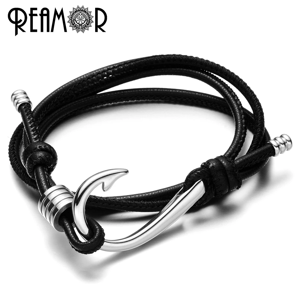 

REAMOR 316L Stainless Steel Fishing Hook Male Charms Bangles Adjustable Multiple Layers 2 mm Leather Rope Trendy Women Bracelet