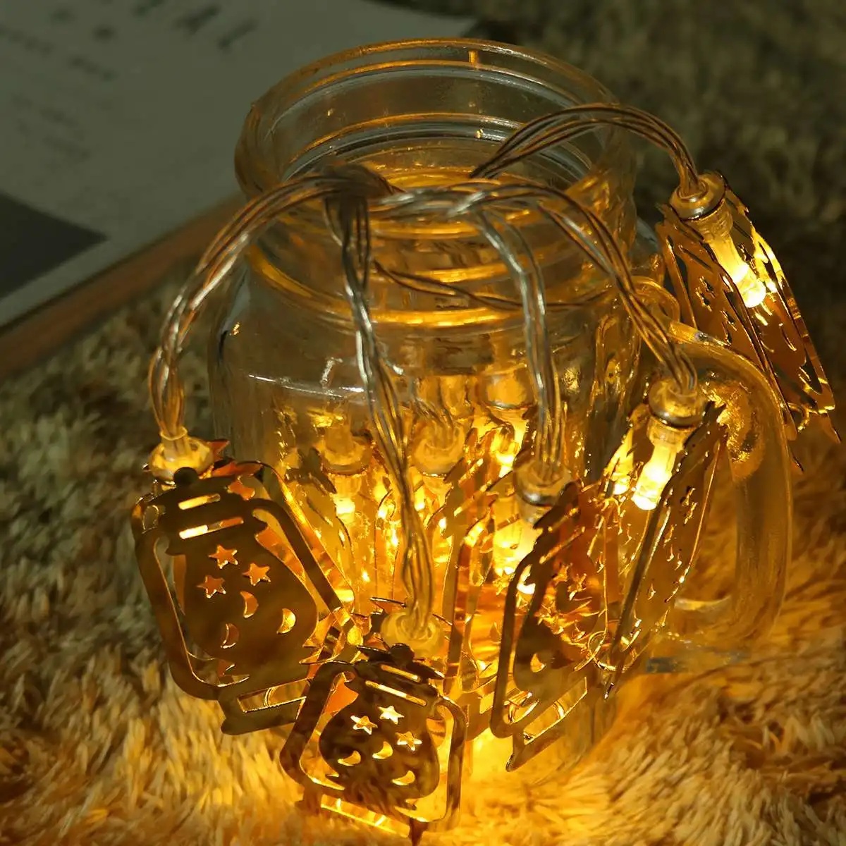 LED Lantern Decoration Battery Operated Golden Fanoos String Fairy Holiday Light for Party Home Islamic Eid Ramadan Decor