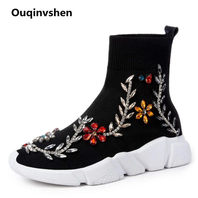 

Ouqinvshen Crystal Flower Women Winter Boots Round Toe Fashion Black Knitting Platform Boots String Bead Ankle Women Sneakers