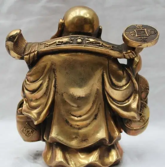 Lucky Chinese Brass Buddhism Happy Laugh Money Yuanbao Maitreya Buddha Statue 