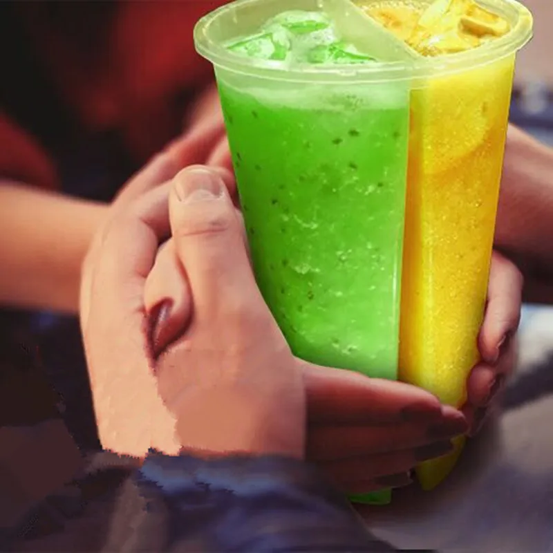 

25pcs Transparent double grids juice cup thicken cold drink plastic cups Valentine's Day party favor love share cup with lid