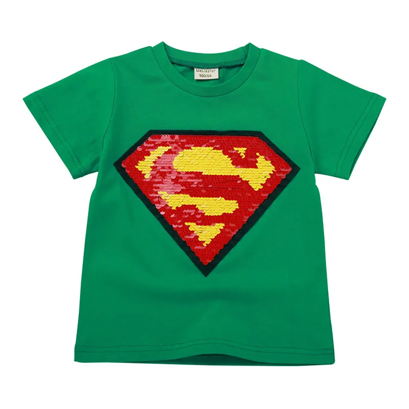 PaMaBa/забавная футболка с единорогом для девочек; ad; летняя футболка с короткими рукавами и блестками для мальчиков; модная детская хлопковая одежда; повседневные топы - Цвет: Green Superman