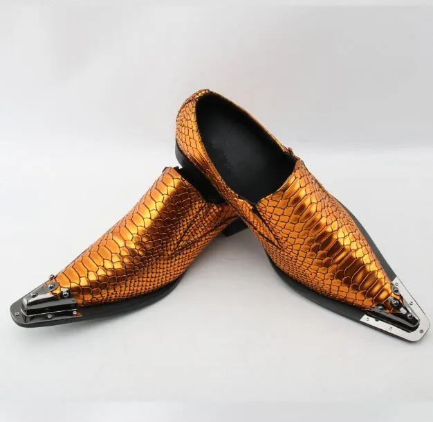

2018 Fashion Genuine Snakeskin Leather Shiny Gold Men Party Wedding Shoes Handmade Loafers Men Dress Shoes Size 46